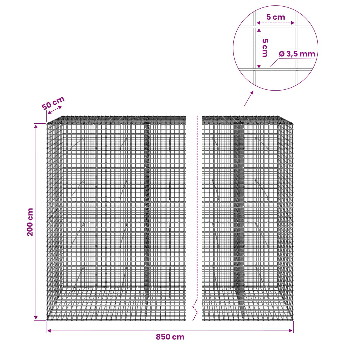 Gabion with 3.5 mm Wire and 5x5 cm Mesh 850x50x200 cm