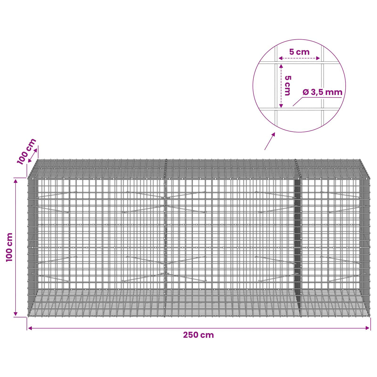 Gabion with 3.5 mm Wire and 5x5 cm Mesh 250x100x100 cm