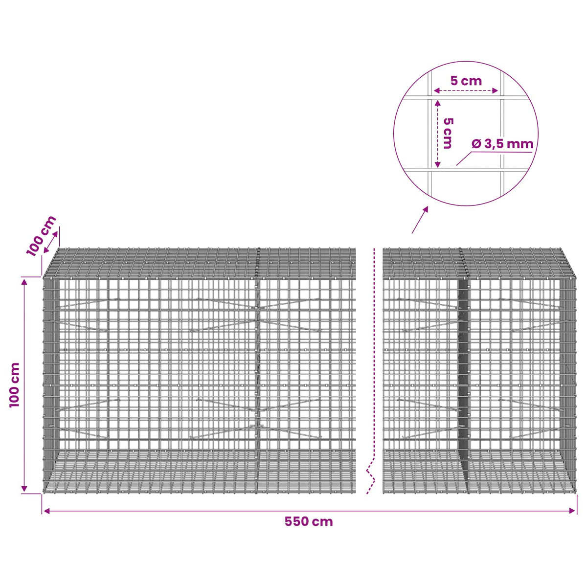 Gabion with 3.5 mm Wire and 5x5 cm Mesh 550x100x100 cm