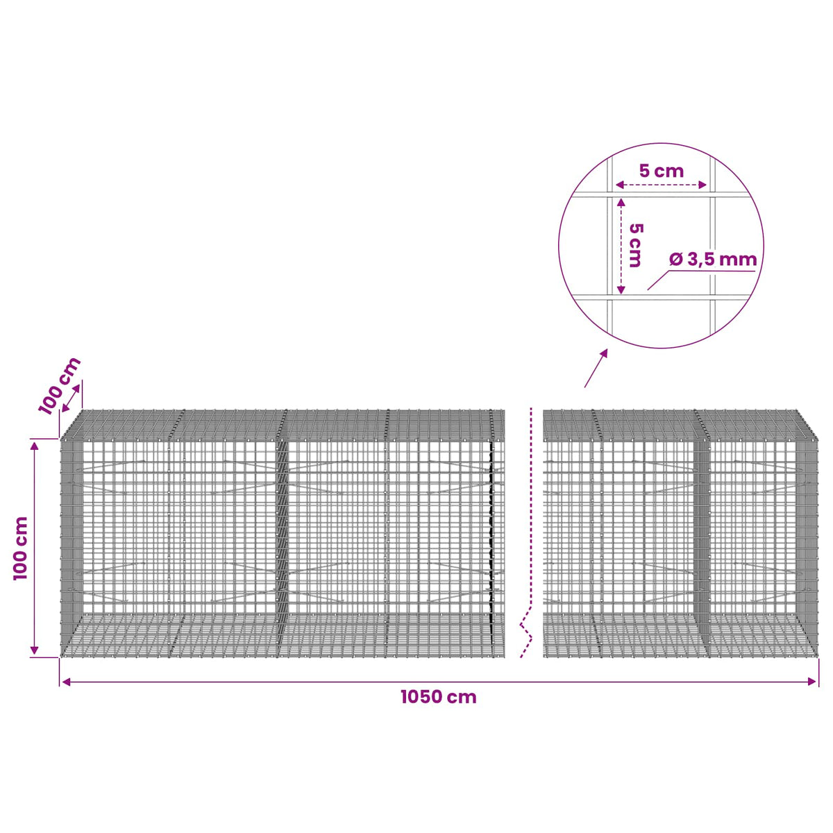 Gabion with 3.5 mm Wire and 5x5 cm Mesh 1050x100x100 cm