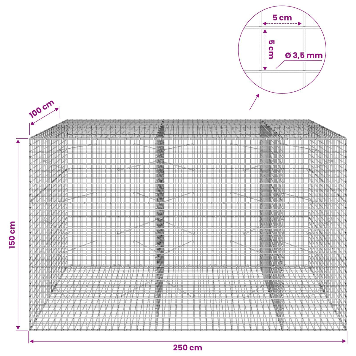 Gabion with 3.5 mm Wire and 5x5 cm Mesh 250x100x150 cm