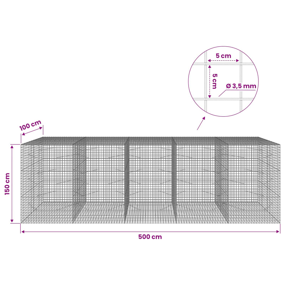 Gabion with 3.5 mm Wire and 5x5 cm Mesh 500x100x150 cm