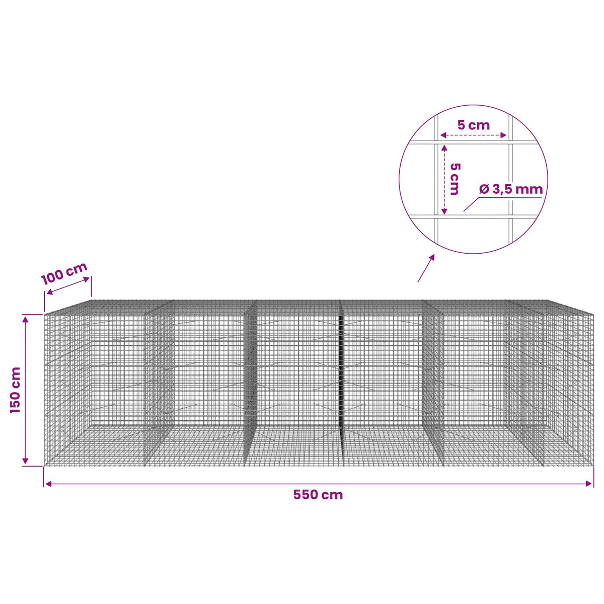 Gabion with 3.5 mm Wire and 5x5 cm Mesh 550x100x150 cm