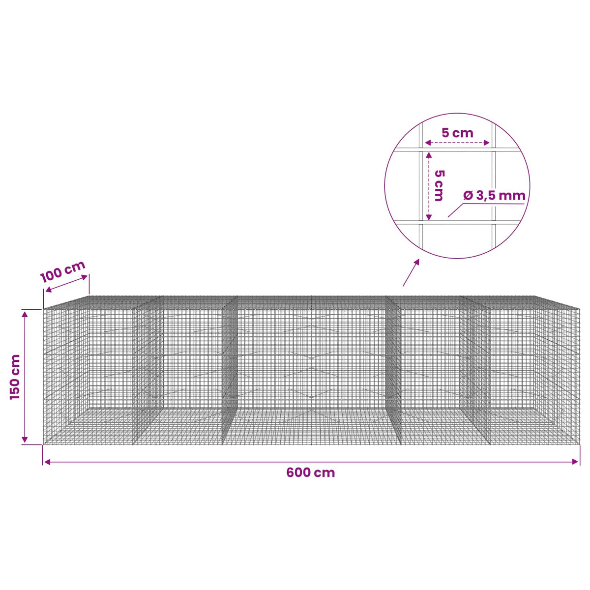 Gabion with 3.5 mm Wire and 5x5 cm Mesh 600x100x150 cm