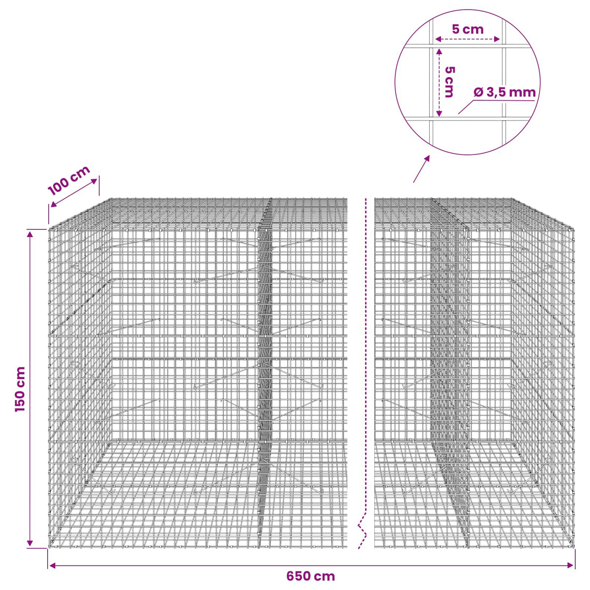 Gabion with 3.5 mm Wire and 5x5 cm Mesh 650x100x150 cm