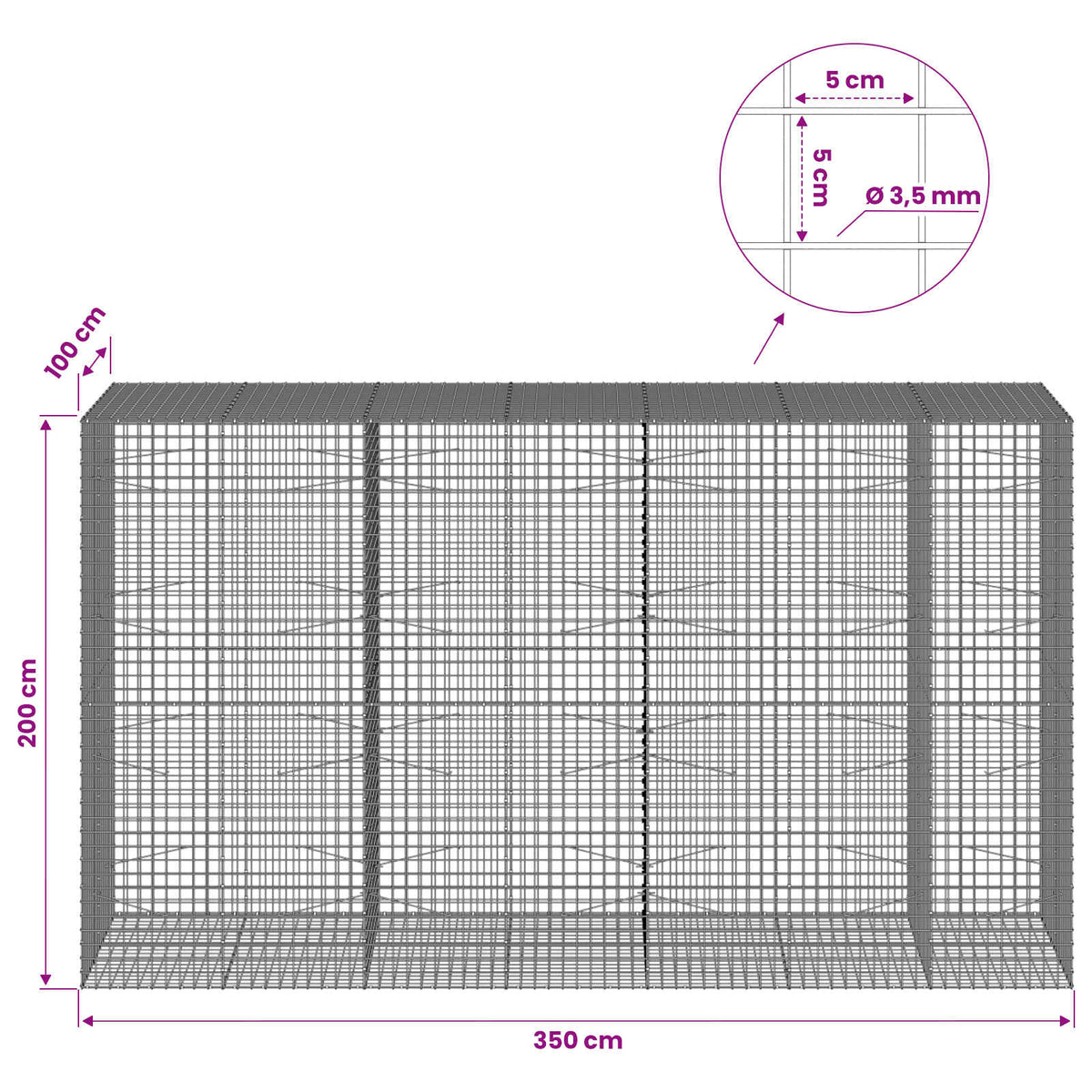Gabion with 3.5 mm Wire and 5x5 cm Mesh 350x100x200 cm