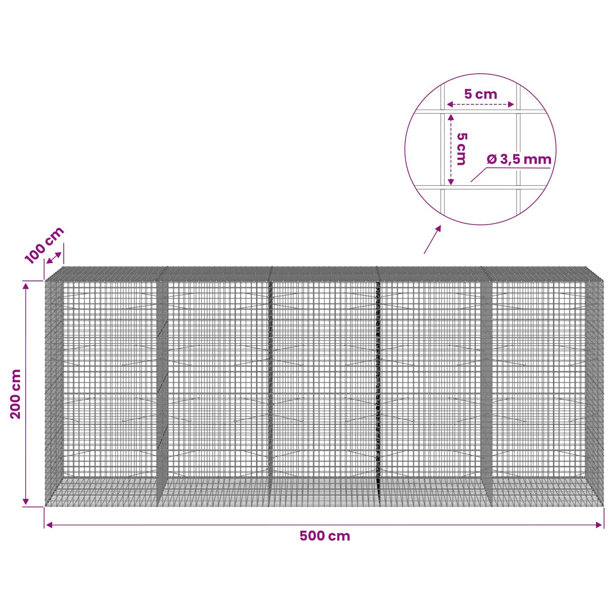 Gabion with 3.5 mm Wire and 5x5 cm Mesh 500x100x200 cm