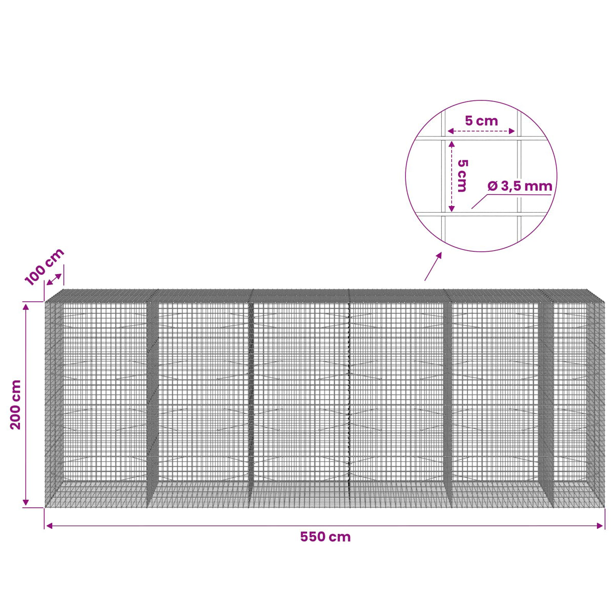 Gabion with 3.5 mm Wire and 5x5 cm Mesh 550x100x200 cm