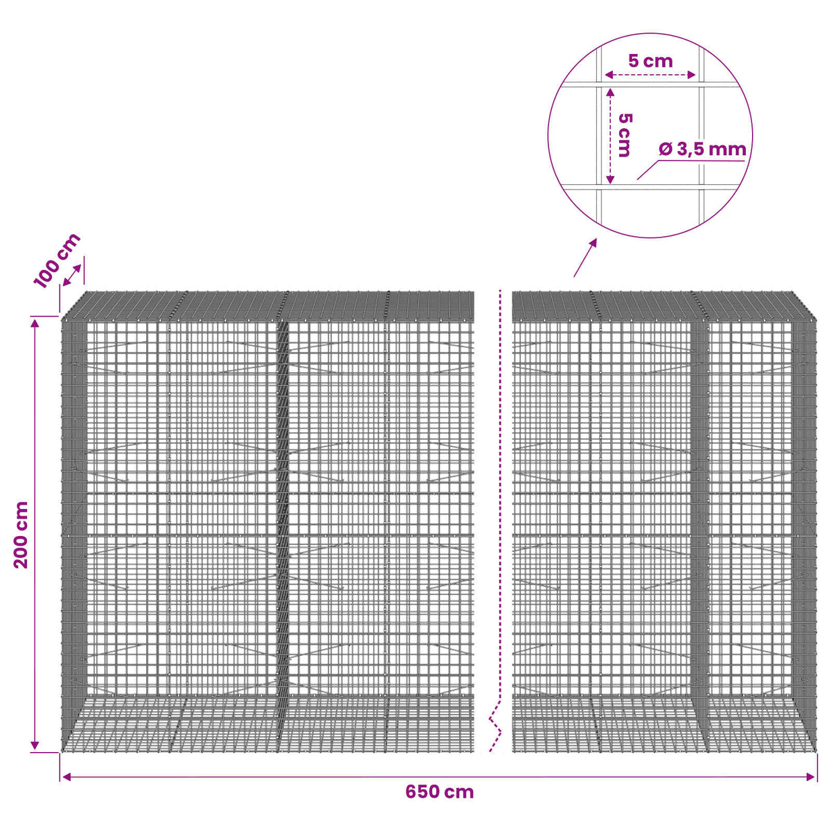 Gabion with 3.5 mm Wire and 5x5 cm Mesh 650x100x200 cm