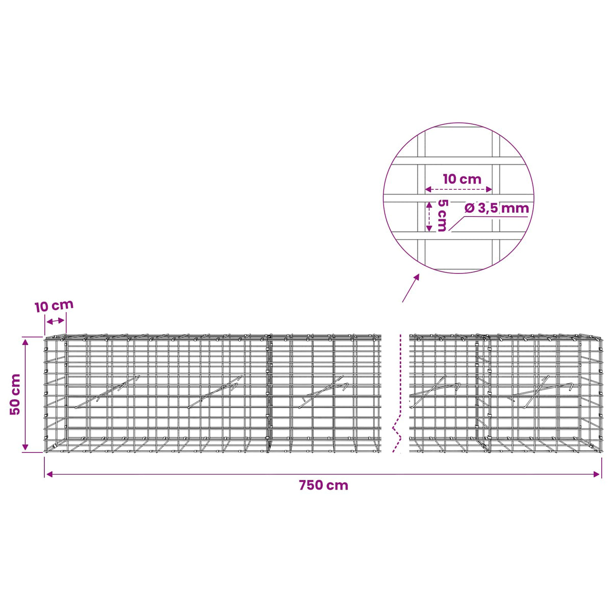 Gabion with 3.5 mm Wire and 5x10 cm Mesh 750x10x50 cm