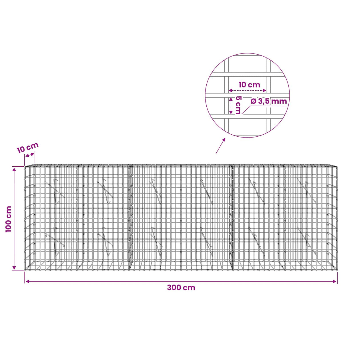 Gabion with 3.5 mm Wire and 5x10 cm Mesh 300x10x100 cm