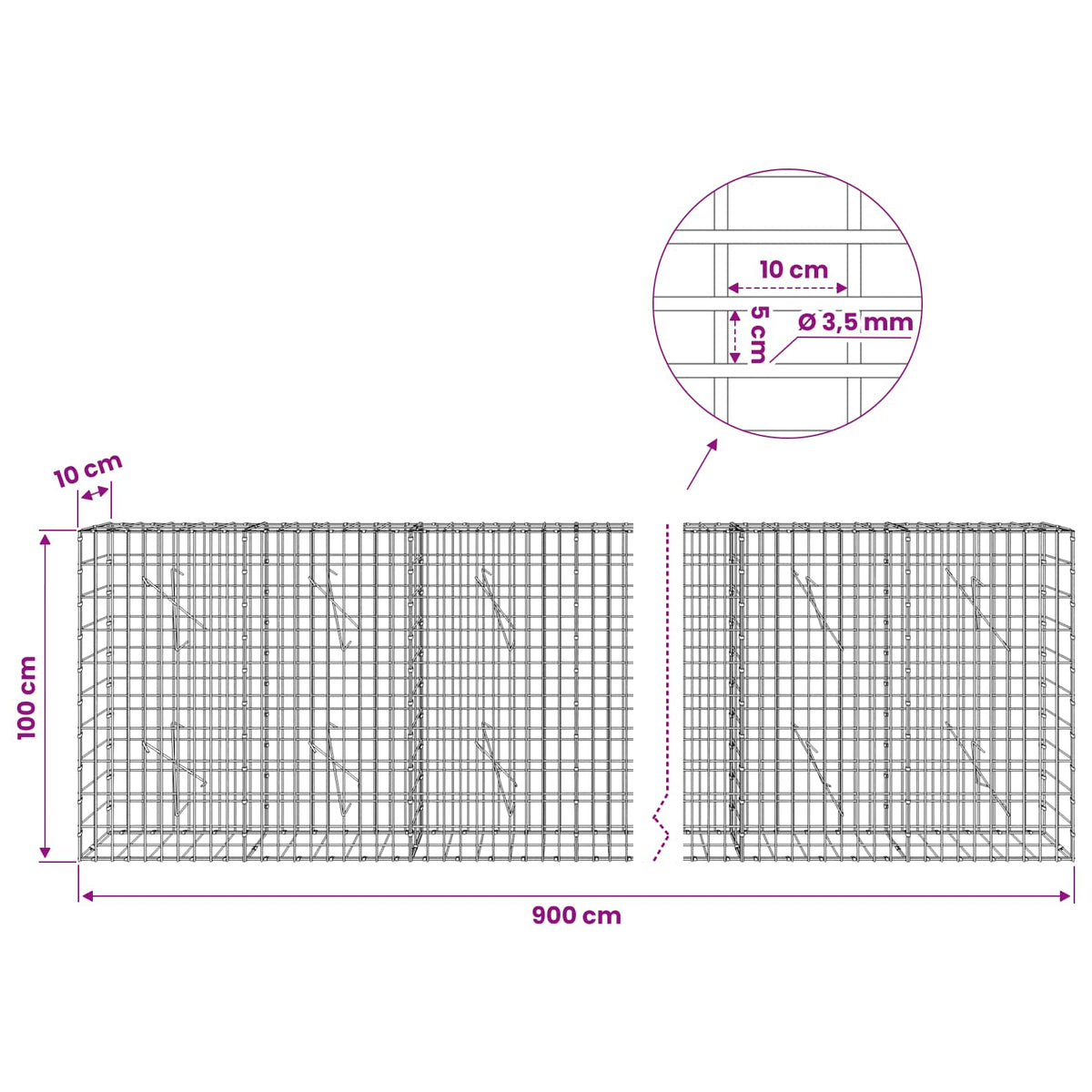 Gabion with 3.5 mm Wire and 5x10 cm Mesh 900x10x100 cm