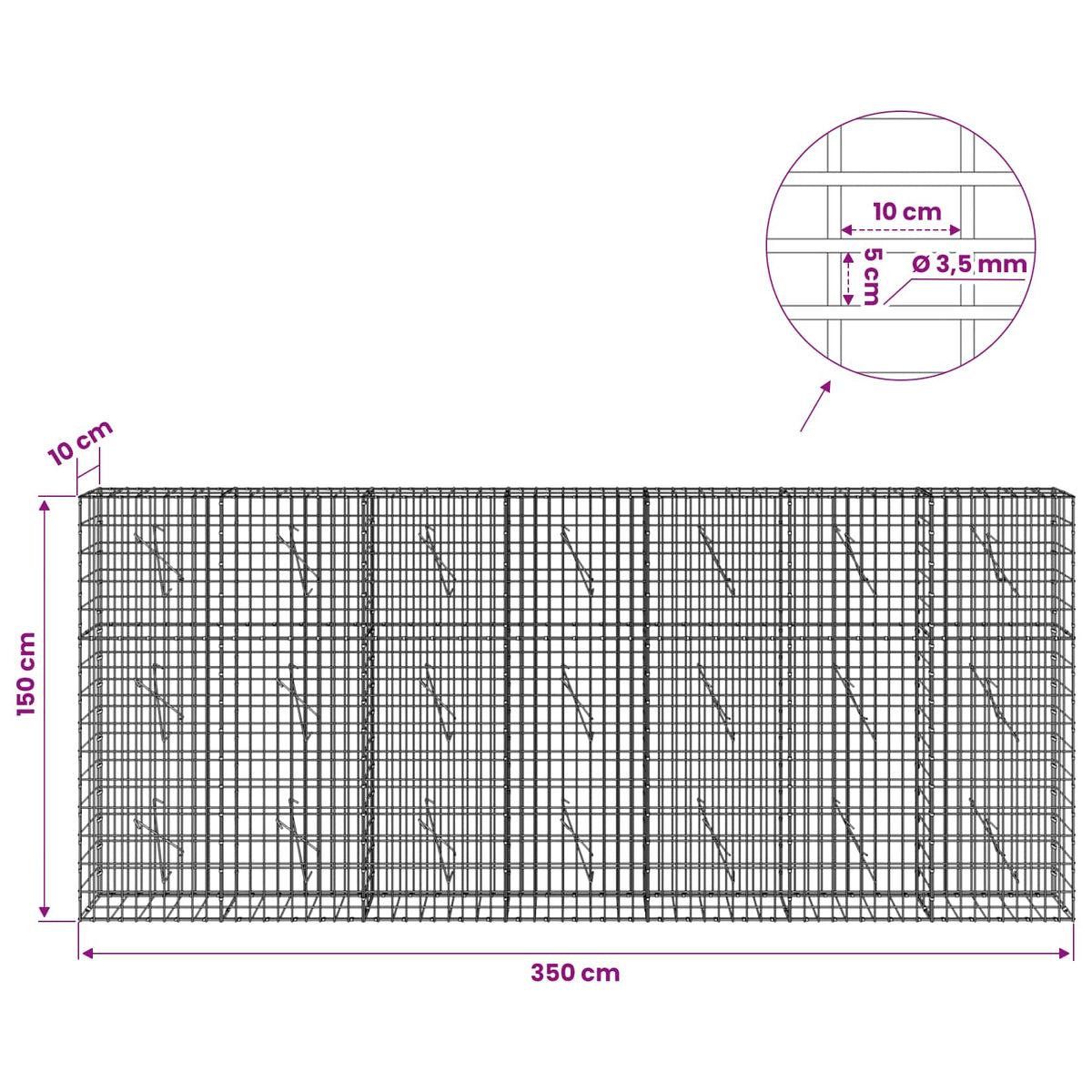 Gabion with 3.5 mm Wire and 5x10 cm Mesh 350x10x150 cm