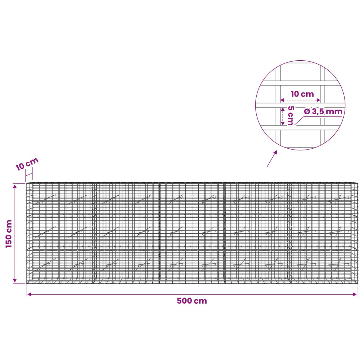 Gabion with 3.5 mm Wire and 5x10 cm Mesh 500x10x150 cm