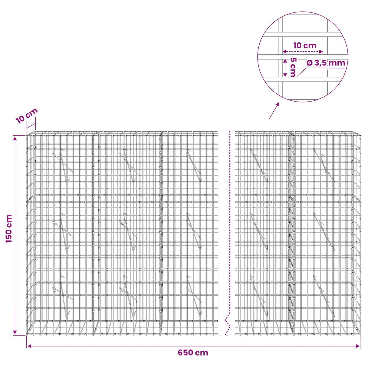 Gabion with 3.5 mm Wire and 5x10 cm Mesh 650x10x150 cm