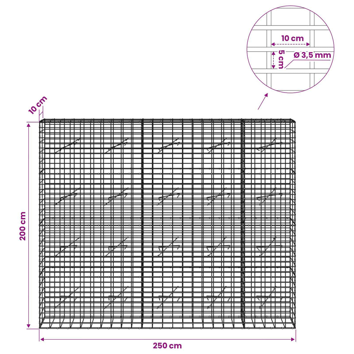 Gabion with 3.5 mm Wire and 5x10 cm Mesh 250x10x200 cm