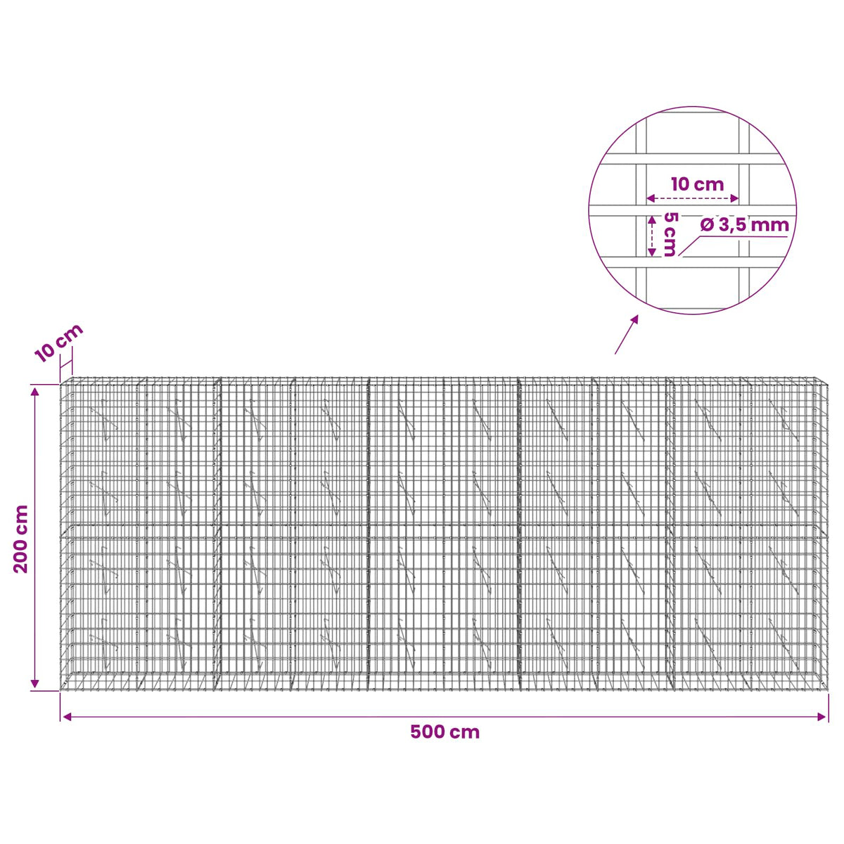Gabion with 3.5 mm Wire and 5x10 cm Mesh 500x10x200 cm