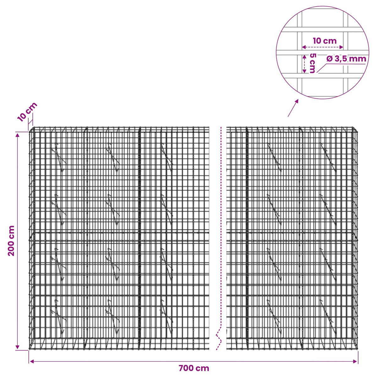 Gabion with 3.5 mm Wire and 5x10 cm Mesh 700x10x200 cm