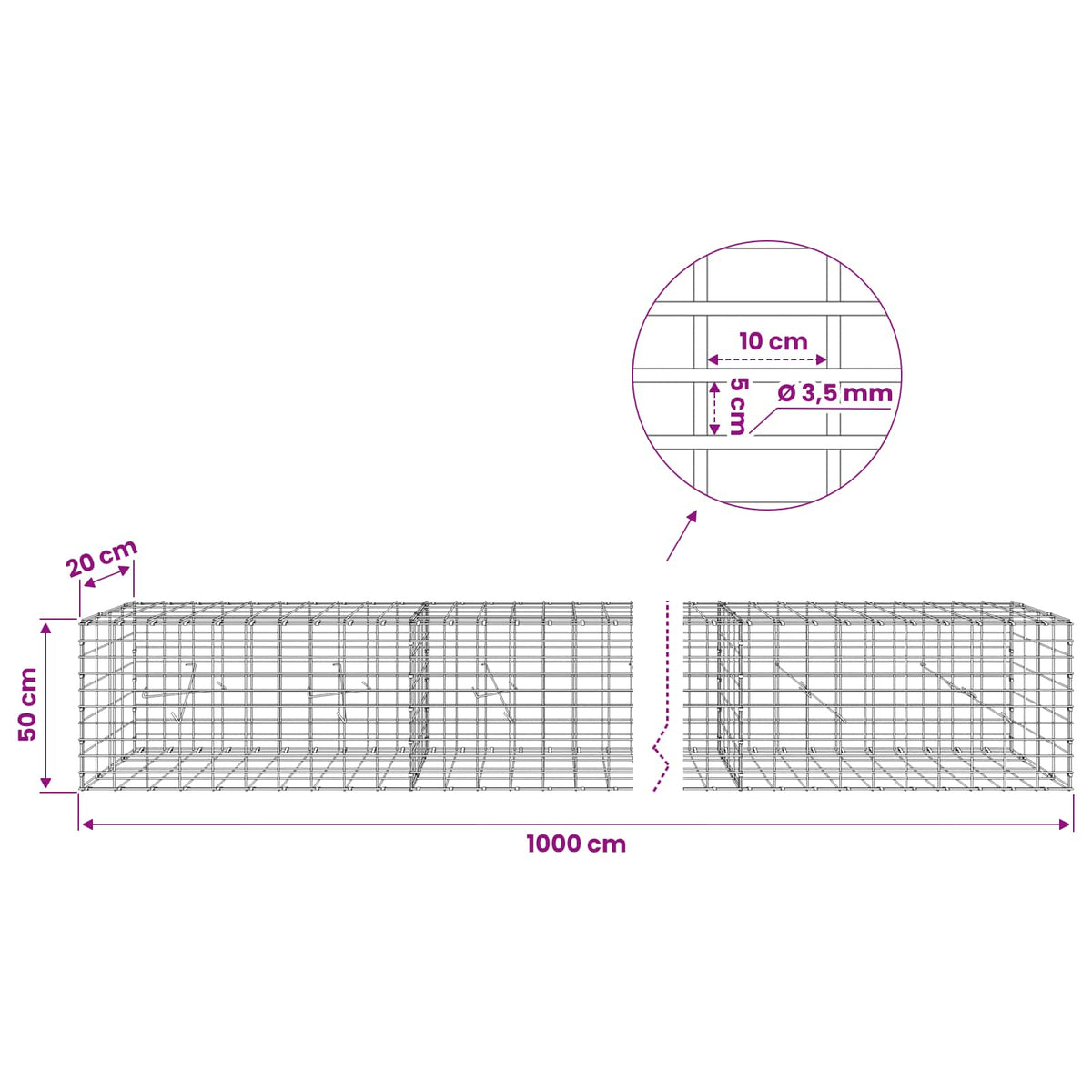 Gabion with 3.5 mm Wire and 5x10 cm Mesh 1000x20x50 cm
