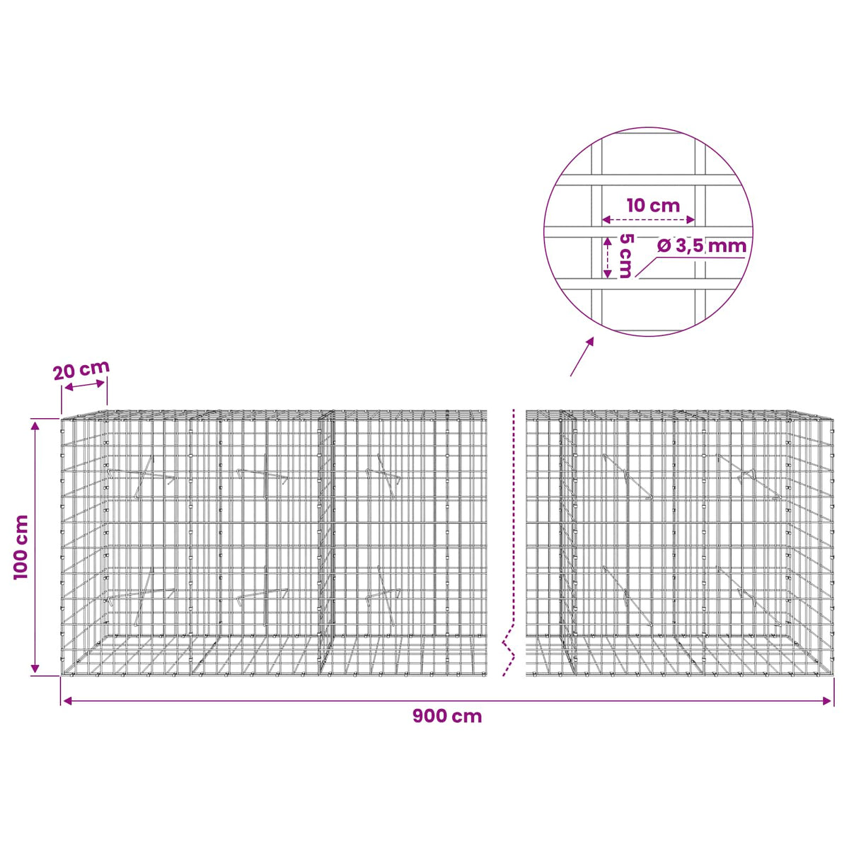 Gabion with 3.5 mm Wire and 5x10 cm Mesh 900x20x100 cm