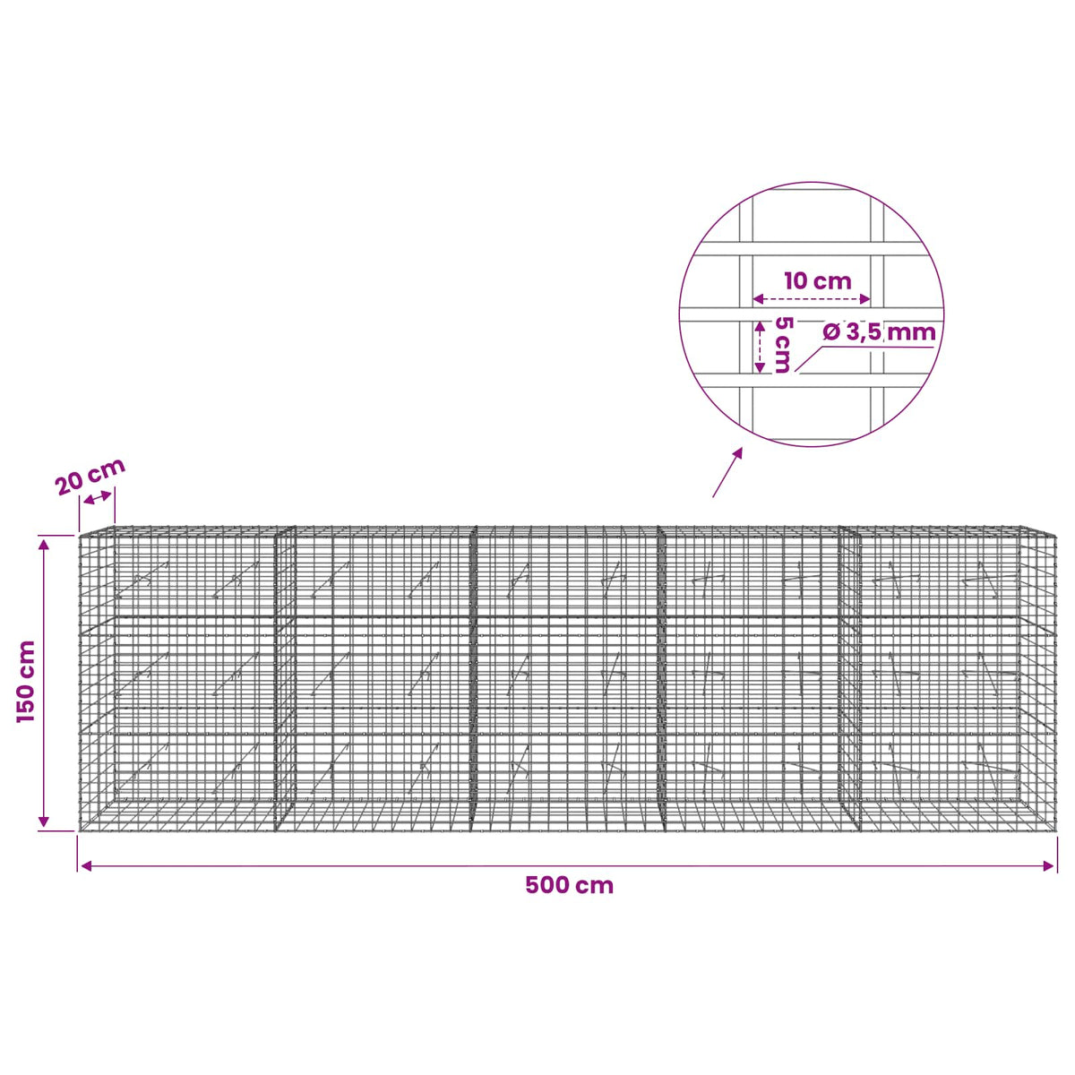 Gabion with 3.5 mm Wire and 5x10 cm Mesh 500x20x150 cm