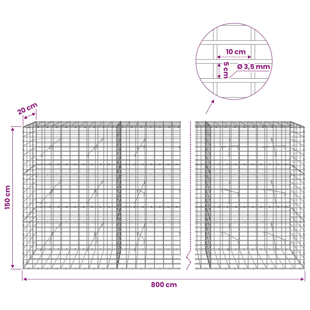 Gabion with 3.5 mm Wire and 5x10 cm Mesh 800x20x150 cm