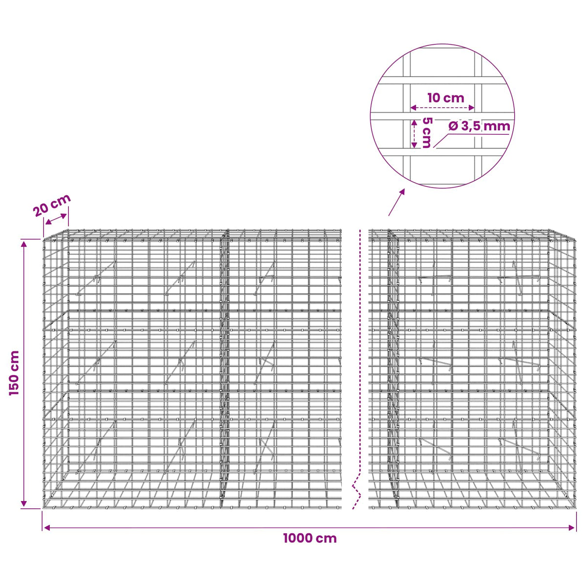Gabion with 3.5 mm Wire and 5x10 cm Mesh 1000x20x150 cm