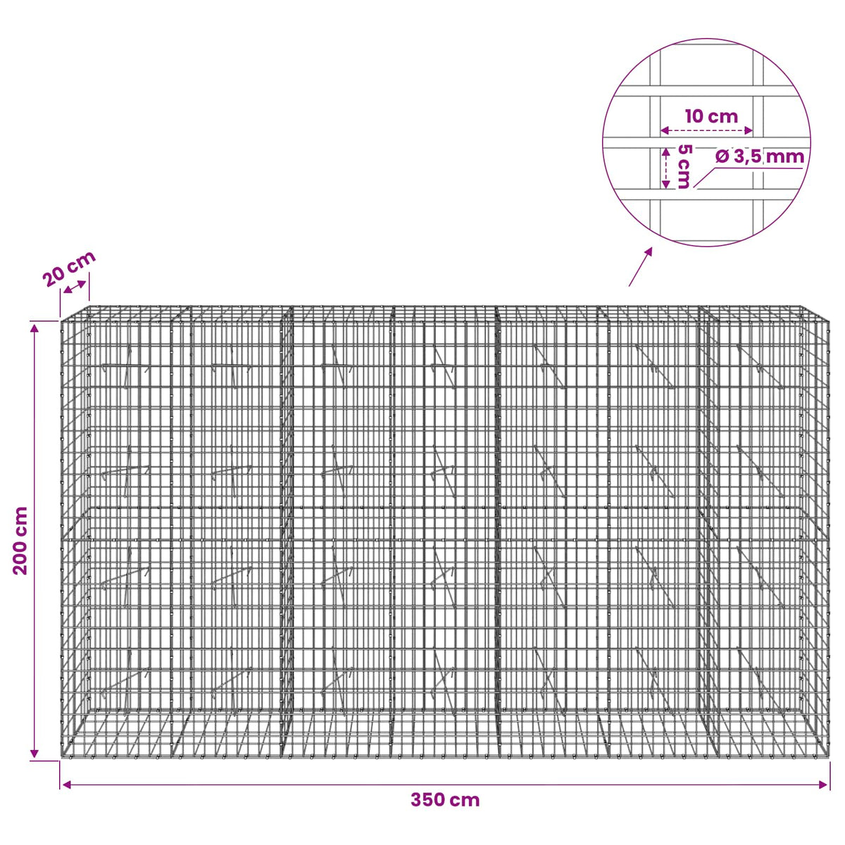 Gabion with 3.5 mm Wire and 5x10 cm Mesh 350x20x200 cm
