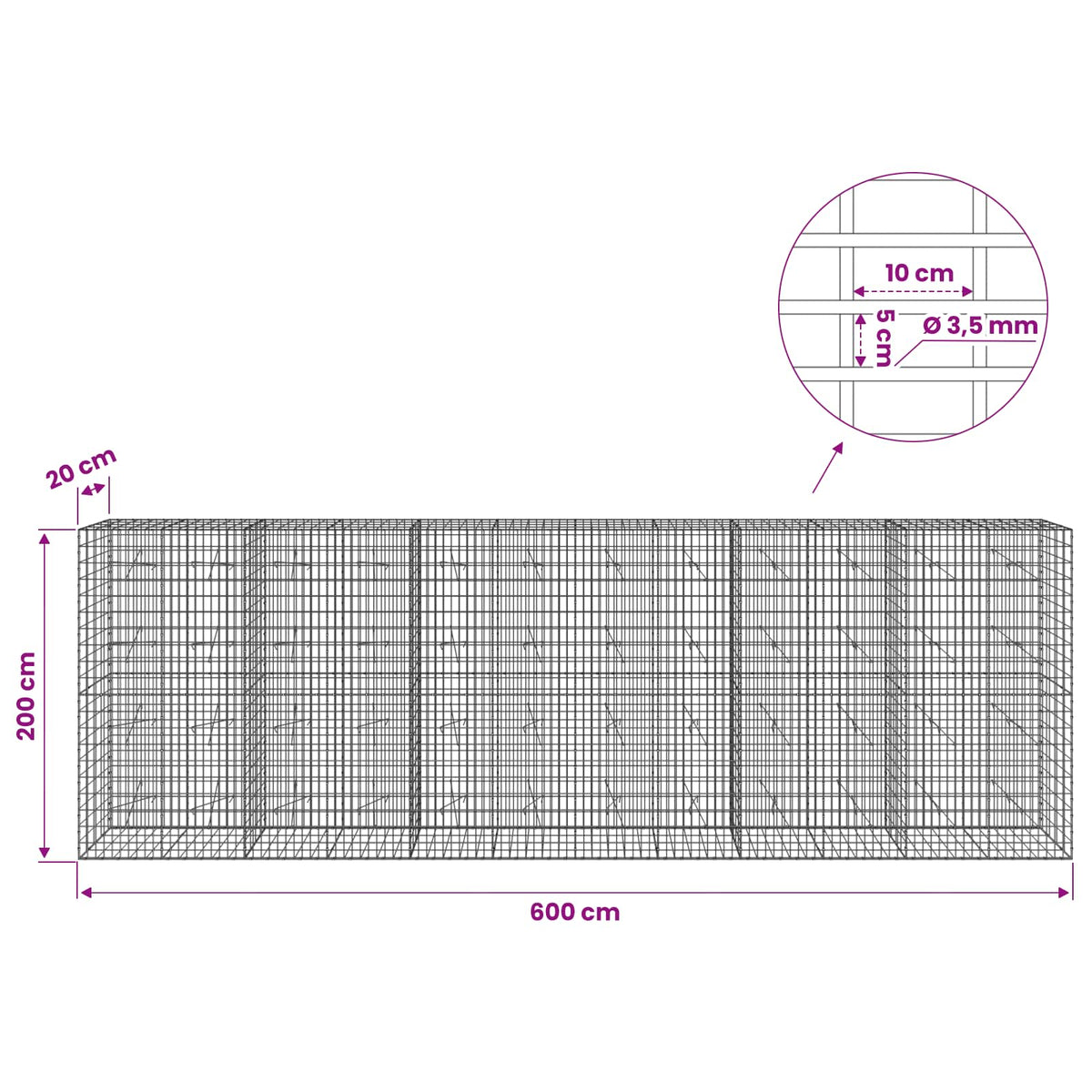 Gabion with 3.5 mm Wire and 5x10 cm Mesh 600x20x200 cm
