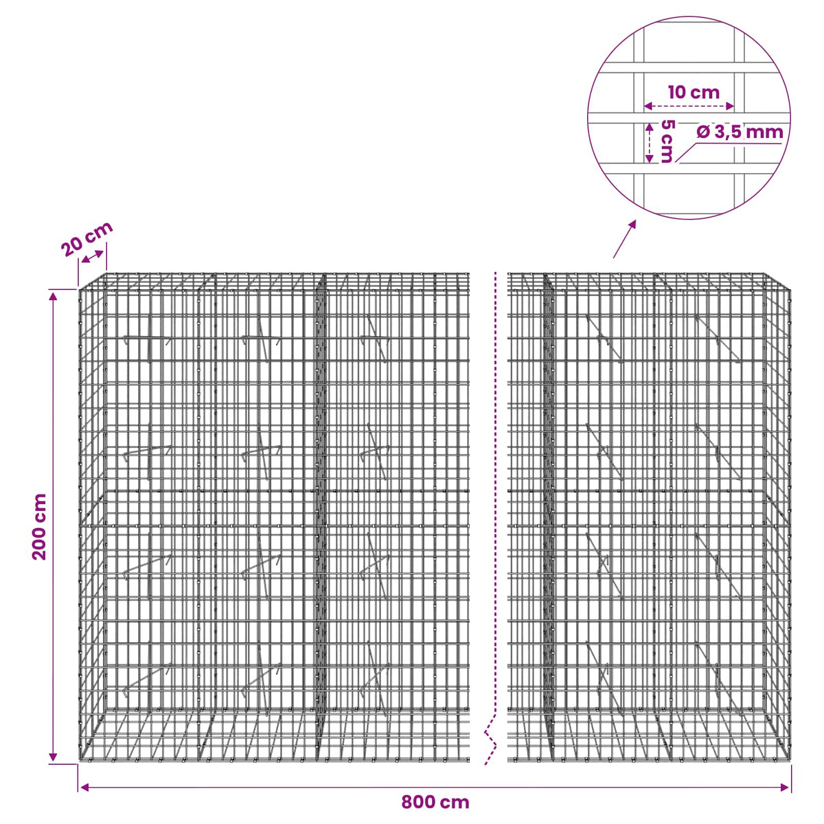 Gabion with 3.5 mm Wire and 5x10 cm Mesh 800x20x200 cm
