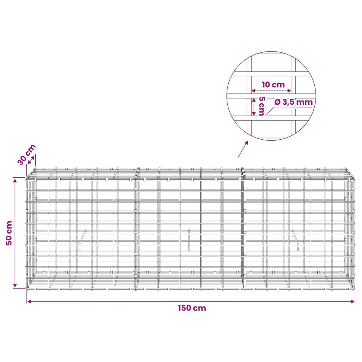 Gabion with 3.5 mm Wire and 5x10 cm Mesh 150x30x50 cm