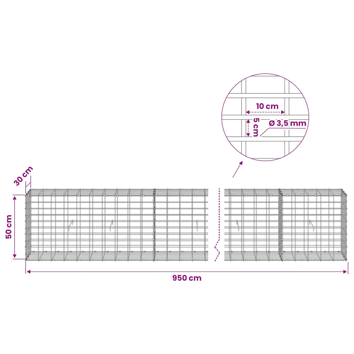 Gabion with 3.5 mm Wire and 5x10 cm Mesh 950x30x50 cm