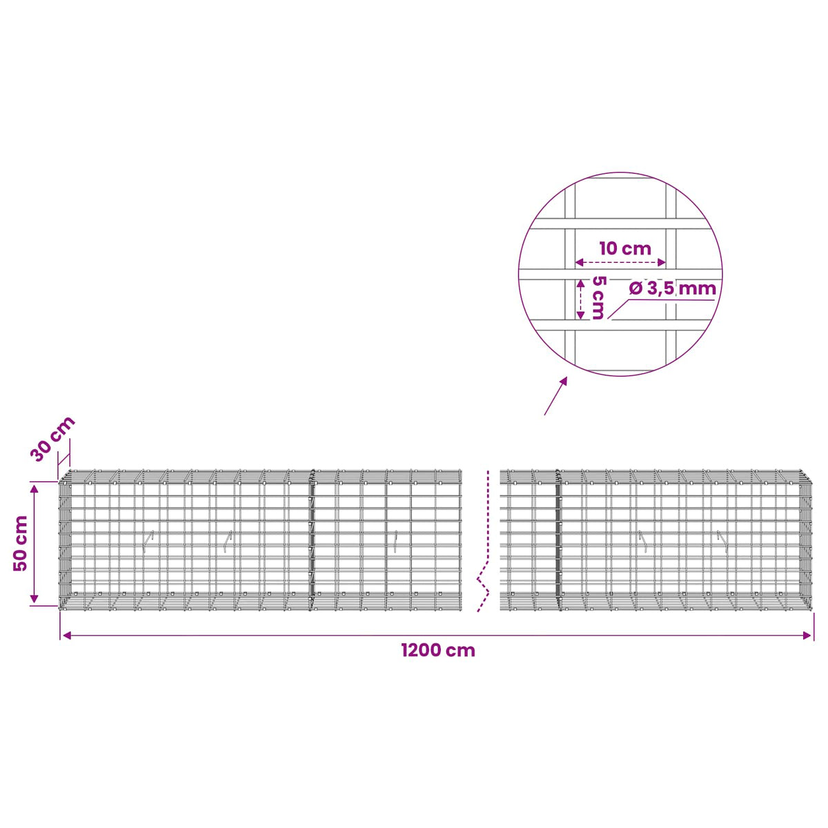 Gabion with 3.5 mm Wire and 5x10 cm Mesh 1200x30x50 cm