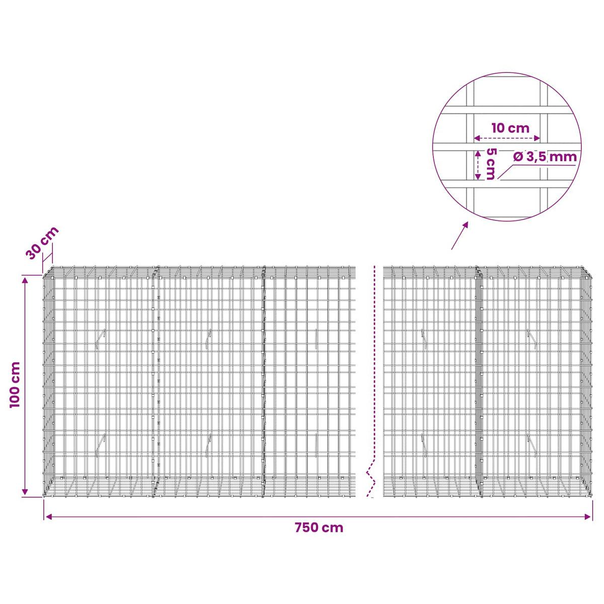 Gabion with 3.5 mm Wire and 5x10 cm Mesh 750x30x100 cm