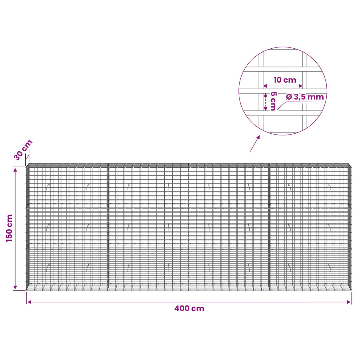 Gabion with 3.5 mm Wire and 5x10 cm Mesh 400x30x150 cm