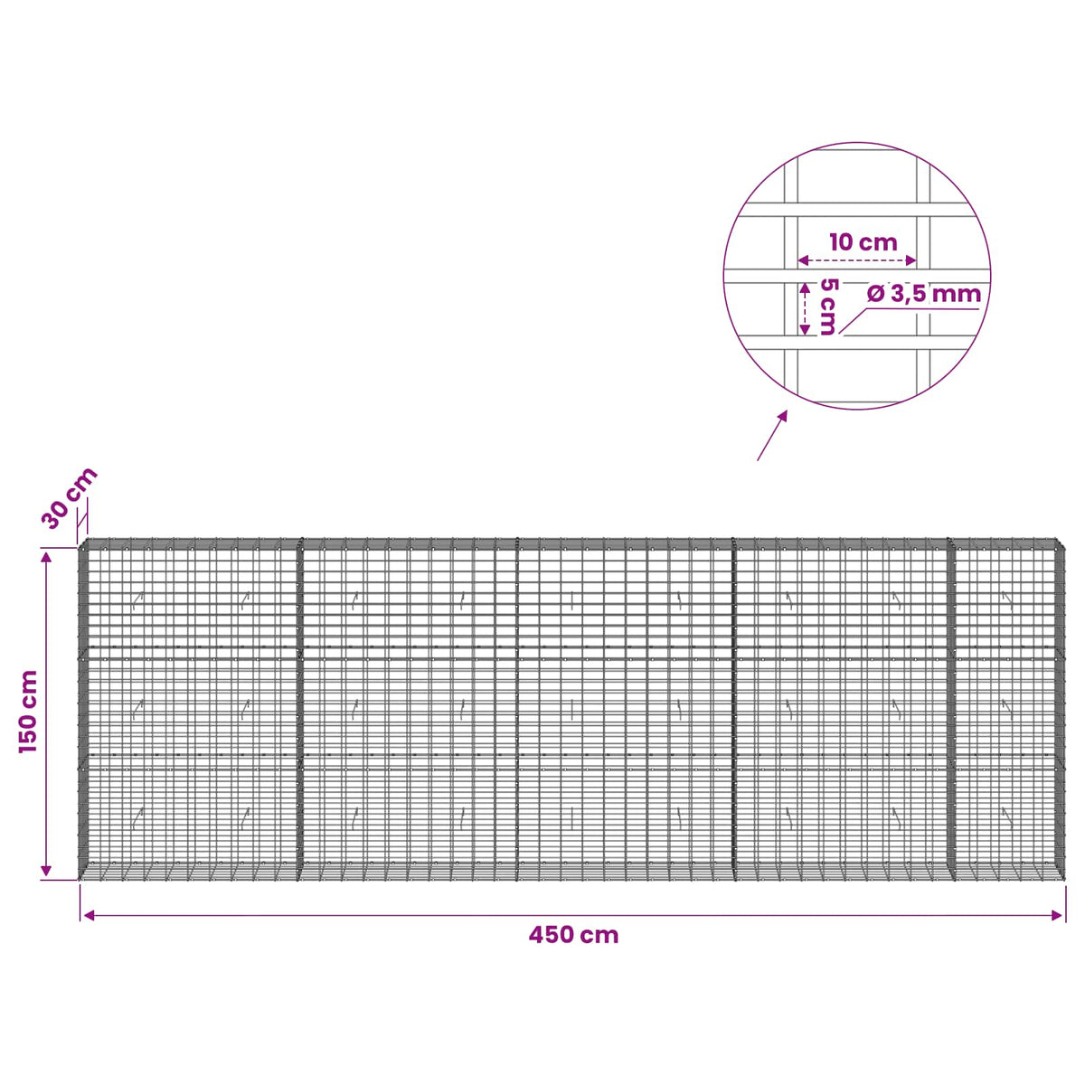 Gabion with 3.5 mm Wire and 5x10 cm Mesh 450x30x150 cm