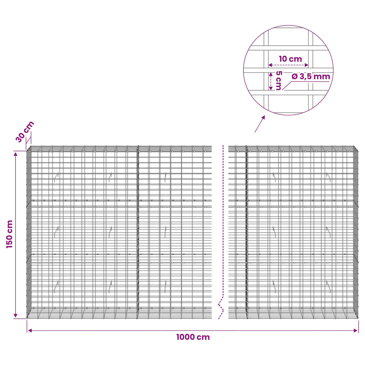 Gabion with 3.5 mm Wire and 5x10 cm Mesh 1000x30x150 cm