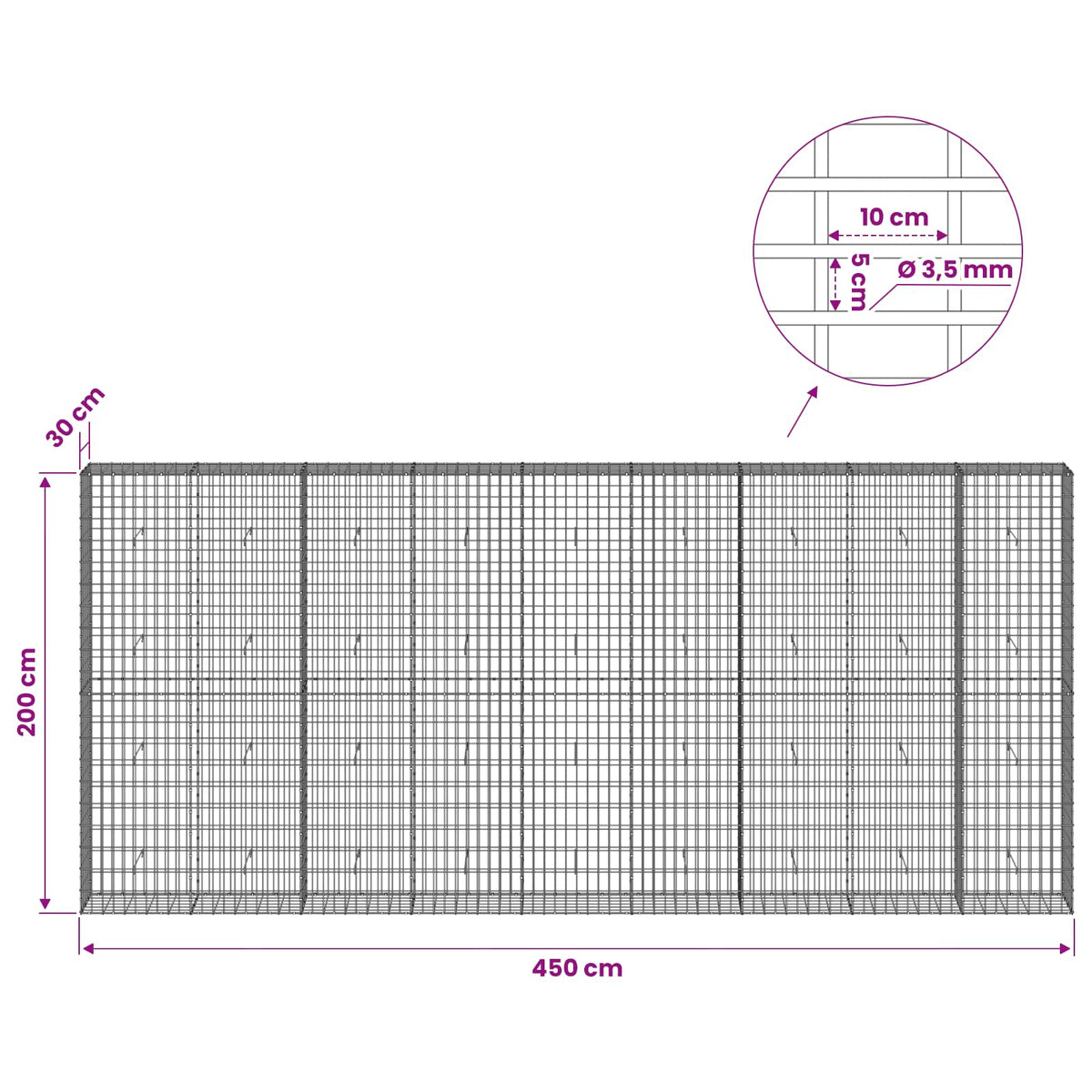Gabion with 3.5 mm Wire and 5x10 cm Mesh 450x30x200 cm