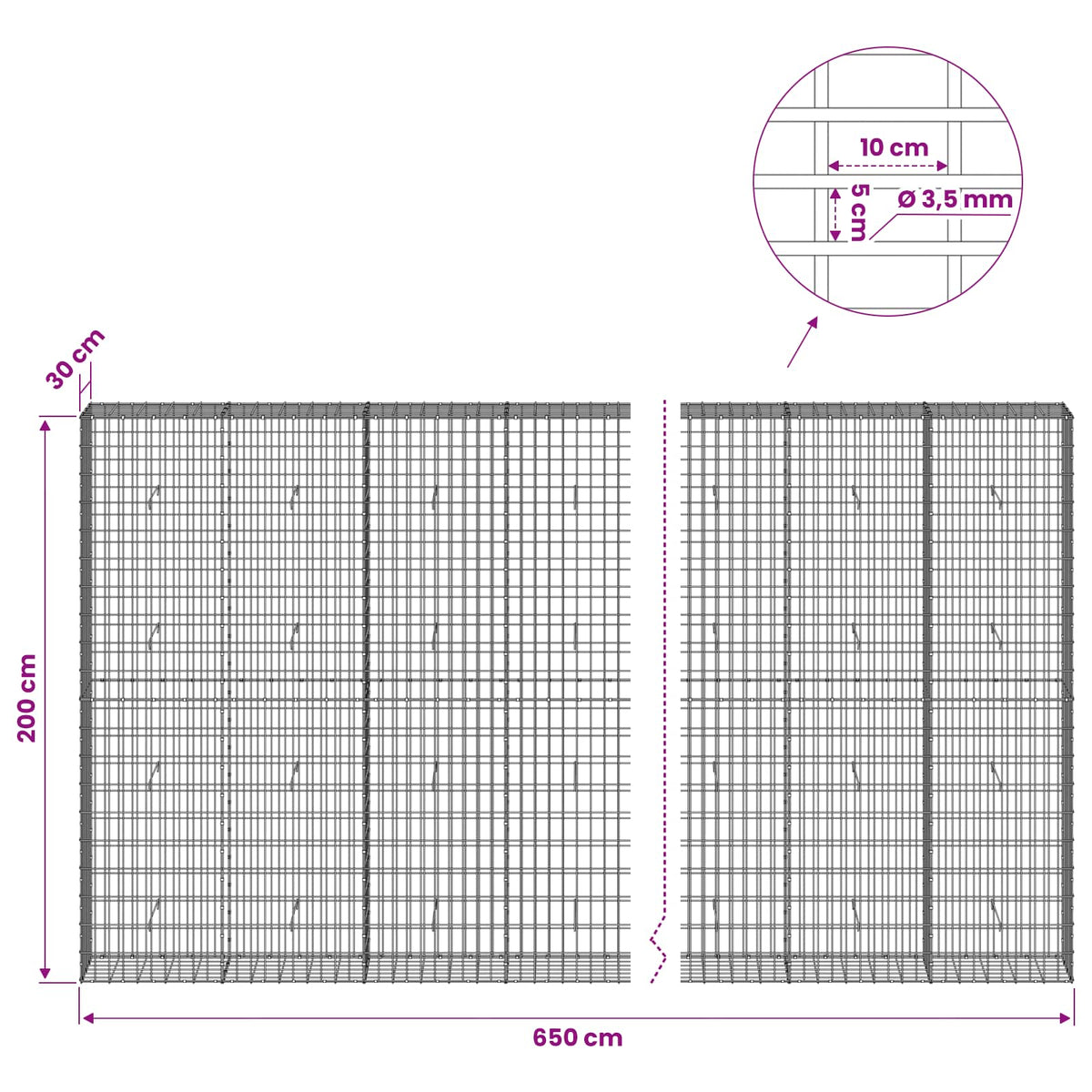 Gabion with 3.5 mm Wire and 5x10 cm Mesh 650x30x200 cm