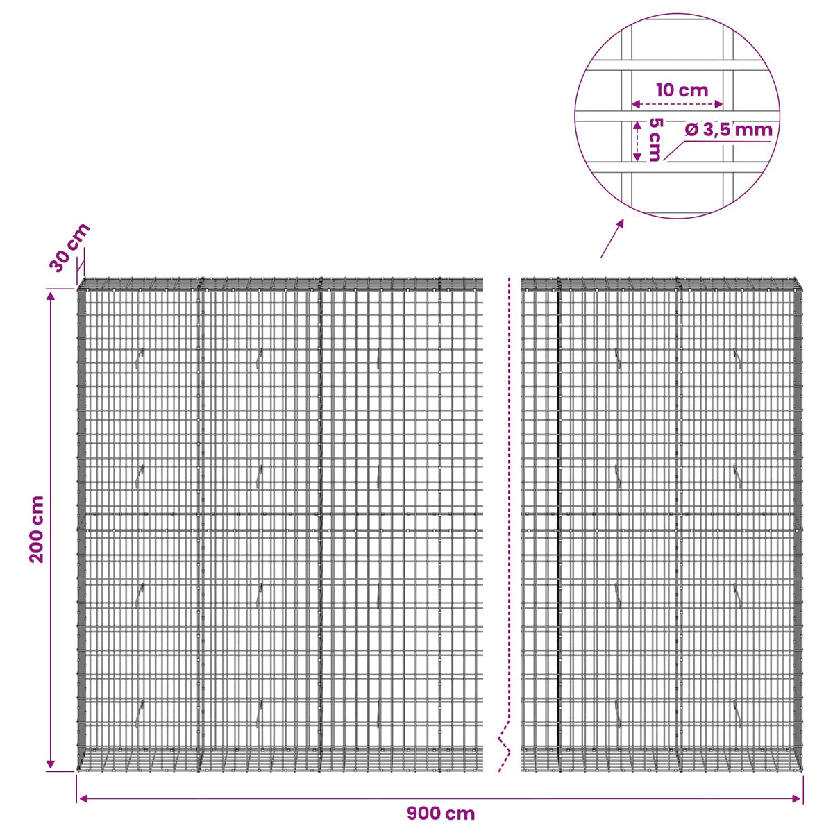 Gabion with 3.5 mm Wire and 5x10 cm Mesh 900x30x200 cm