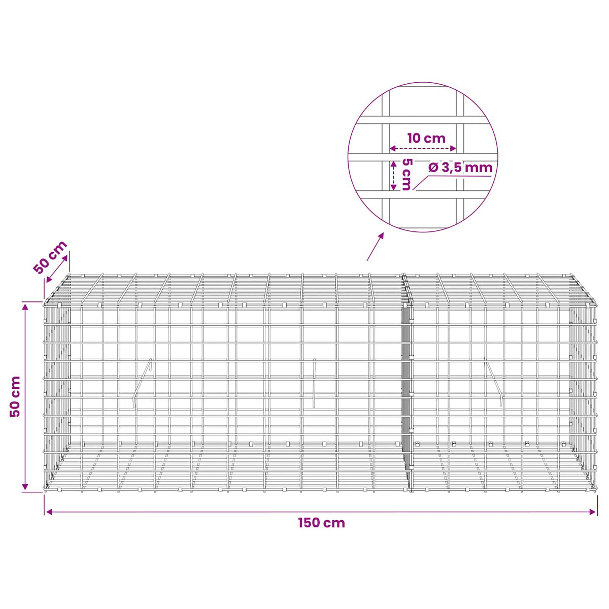 Gabion with 3.5 mm Wire and 5x10 cm Mesh 150x50x50 cm