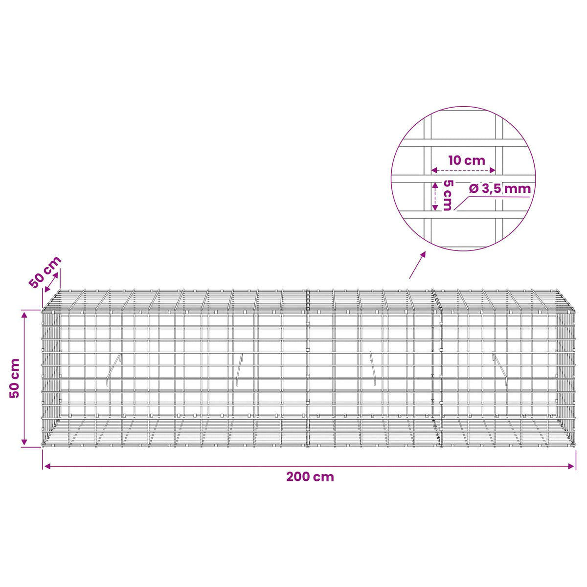Gabion with 3.5 mm Wire and 5x10 cm Mesh 200x50x50 cm