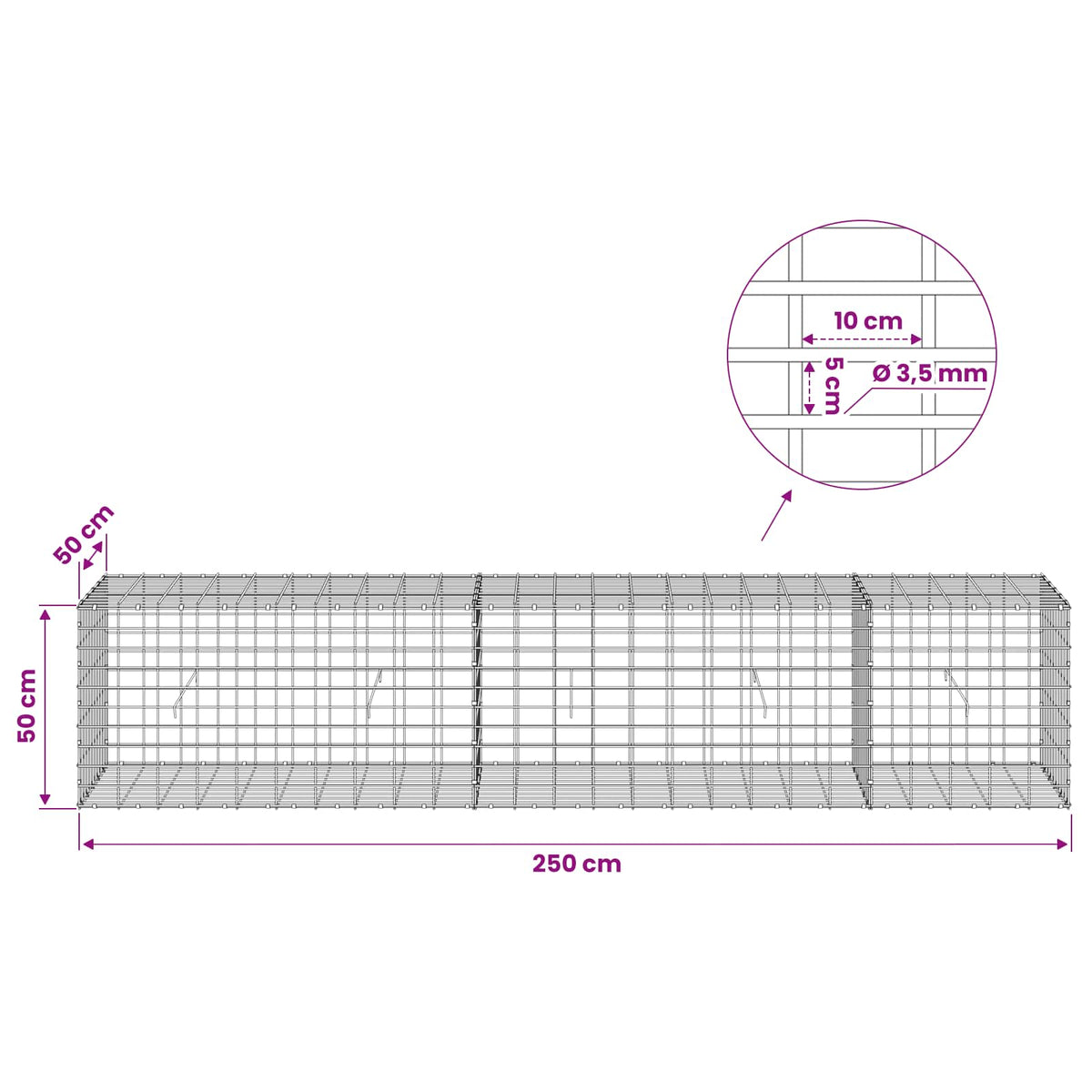Gabion with 3.5 mm Wire and 5x10 cm Mesh 250x50x50 cm