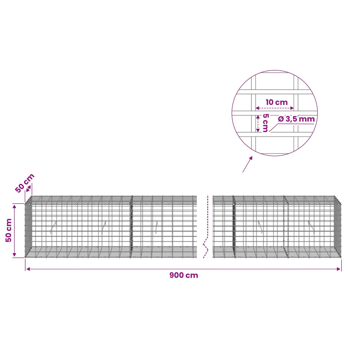 Gabion with 3.5 mm Wire and 5x10 cm Mesh 900x50x50 cm