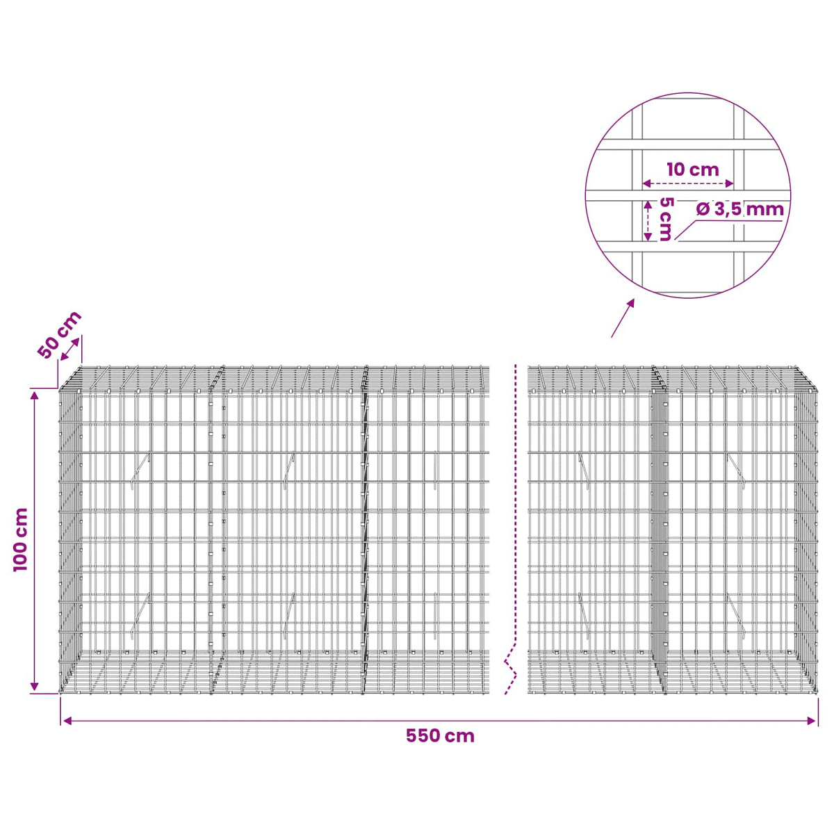 Gabion with 3.5 mm Wire and 5x10 cm Mesh 550x50x100 cm