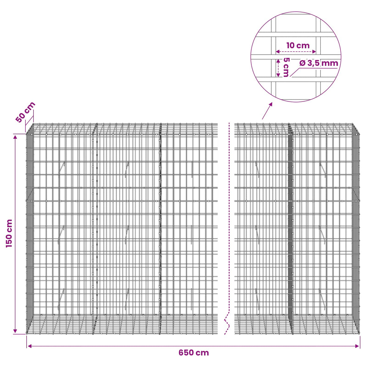 Gabion with 3.5 mm Wire and 5x10 cm Mesh 650x50x150 cm