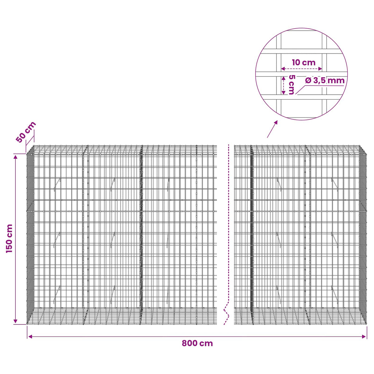 Gabion with 3.5 mm Wire and 5x10 cm Mesh 800x50x150 cm