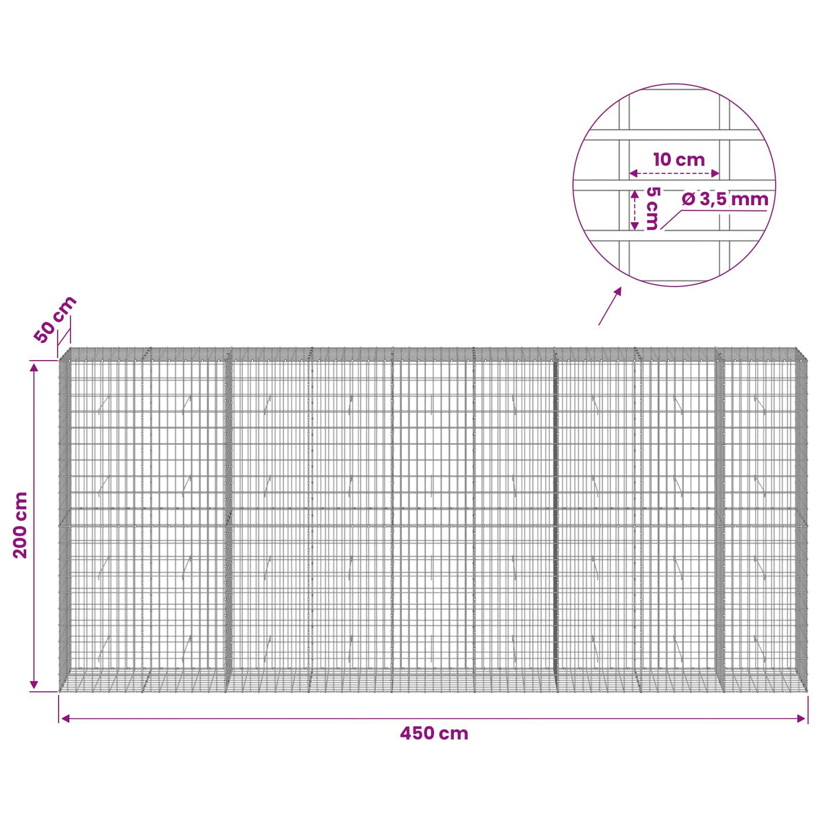 Gabion with 3.5 mm Wire and 5x10 cm Mesh 450x50x200 cm