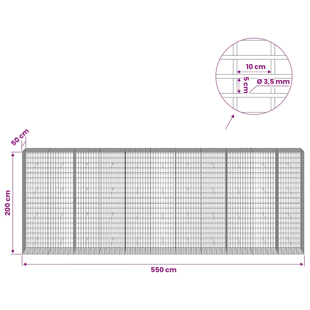 Gabion with 3.5 mm Wire and 5x10 cm Mesh 550x50x200 cm