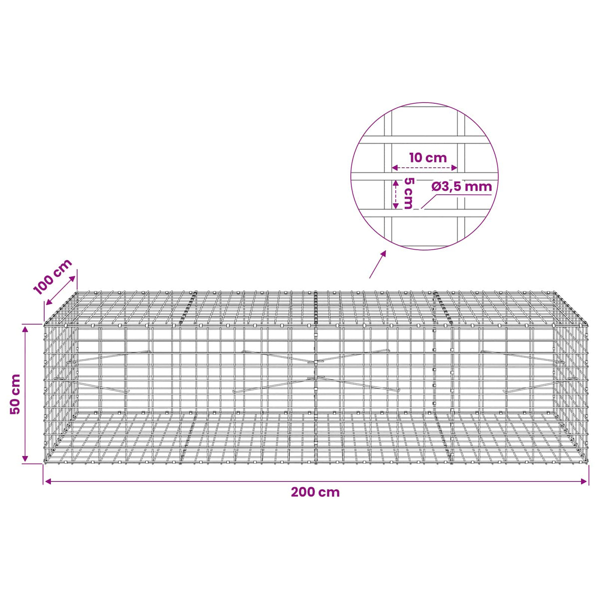 Gabion with 3.5 mm Wire and 5x10 cm Mesh 200x100x50 cm